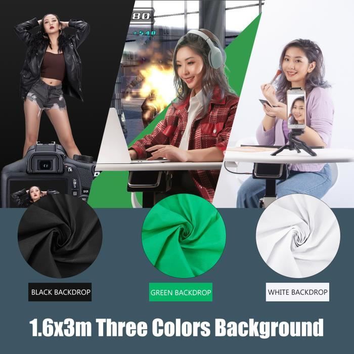 Système de Support de Fond 3m x 2m avec Toile de Fond, Kit d'Éclairage de Softbox de 150W 5500K pour Photographie Studio Photo