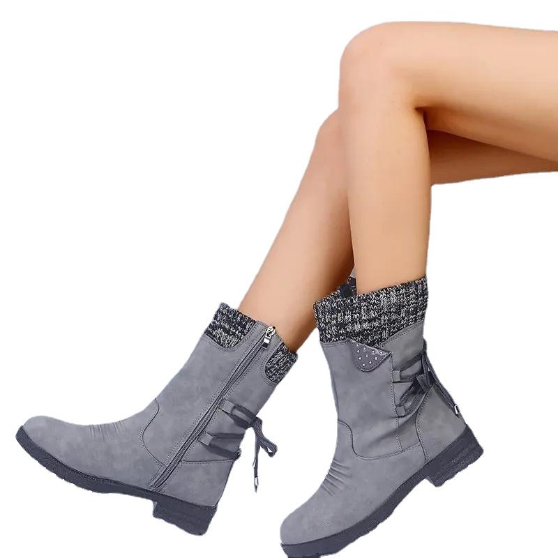 Mode Damen Retro Warme Wollstiefel Wintermode Schnürung Plateau Lässige Baumwollschuhe Flauschiges Plüsch Wildleder Kälteabweisende Kurze Schneestiefel