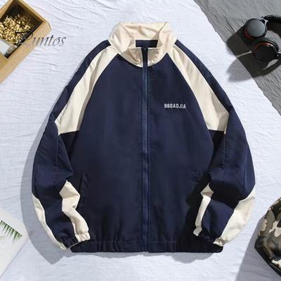Hip Hop Jacket Patchwork Windbreaker Coats for Women Men Casual Zipper Stand-up Collar Block Outerwear for Spring Autumn Outdoor Sports Party
