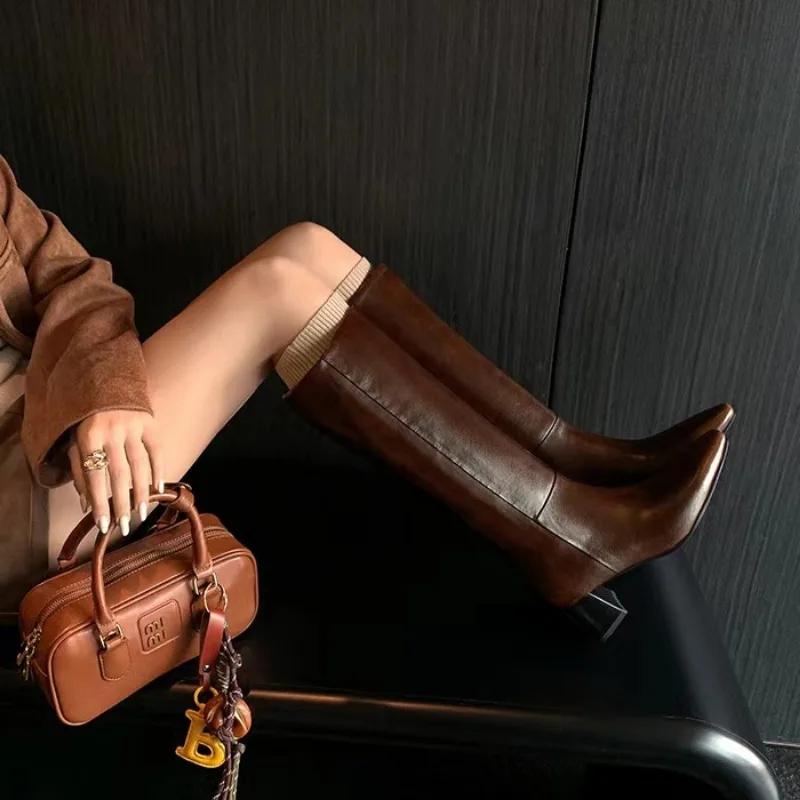 Fashion Ladies Shoes 2024 Knee-High Women's Boots Elegant Modern Boots Women Sewing Pointed Toe Med Heel Slip on Fashion Shoes Women