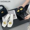 Fashion SUOJIALUN Summer New Brand Women Slipper Fashion Gold Metal Buckle Slip On Ladies Elegant Flip Flop Shoes Thin High Heel Slides