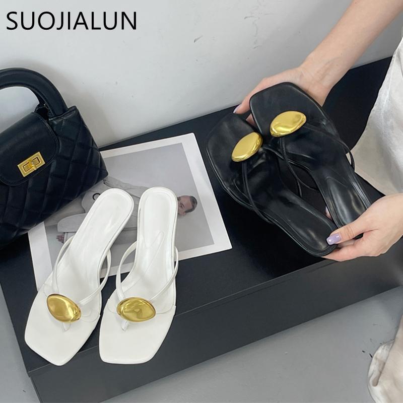 Fashion SUOJIALUN Summer New Brand Women Slipper Fashion Gold Metal Buckle Slip On Ladies Elegant Flip Flop Shoes Thin High Heel Slides