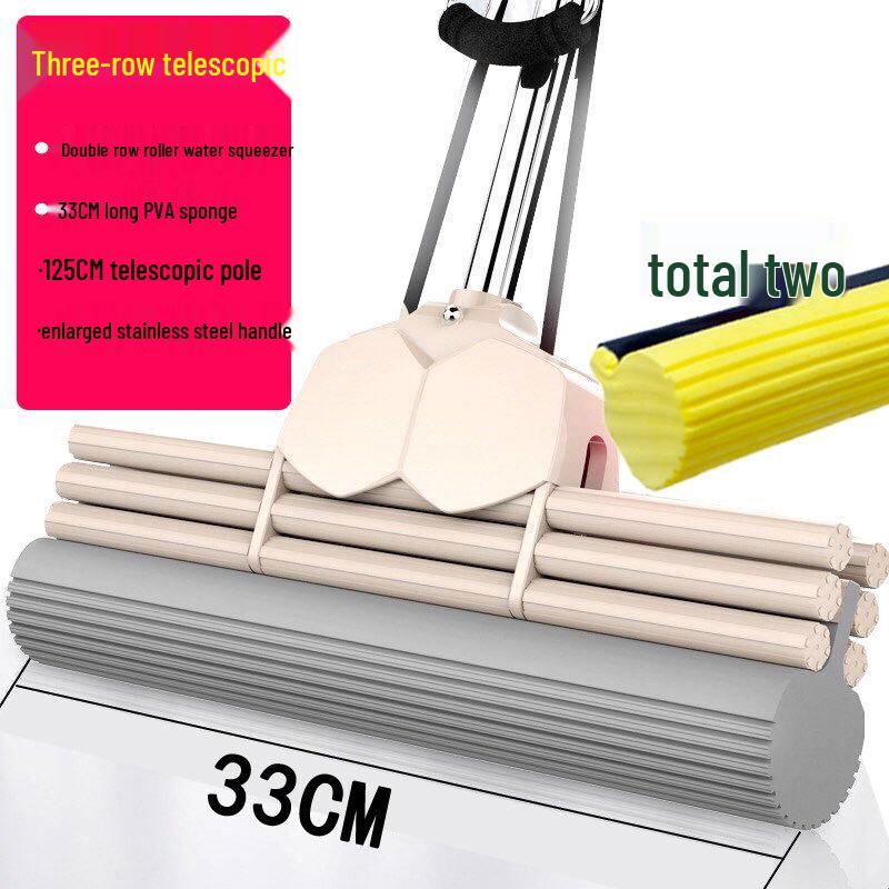 Large Absorbent Sponge Mop with Stainless Steel Handle - No-Hand-Wash Design