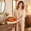 Artificial Pumpkin and Maple Leaf Floral Arrangement In Wooden Box Fall Harvest Decoration for Indoor Tabletop Display Seasonal Home Accent