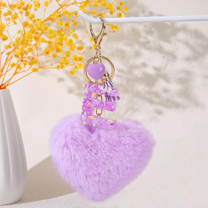 

Initial Letter Love-Heart Shape Hairball Keychain Sequin Letter Key Ring Exquisite Backpack Decoration Accessories Gifts E