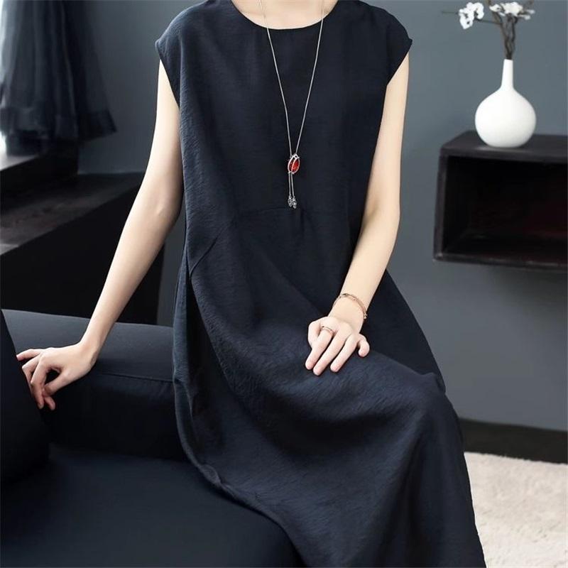 Long Dress Women Cotton Large Size Loose Summer Solid Color Sleeveless Dress Knee-length Dress 2XL чёрный