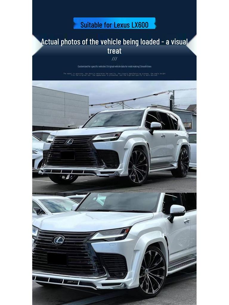 Lexus LX600 Widebody Kit: Front Lip, Rear Diffuser, Fender Flares, Rear Spoiler, Top Spoiler, Wind Deflectors, and WD Small Body Kit.