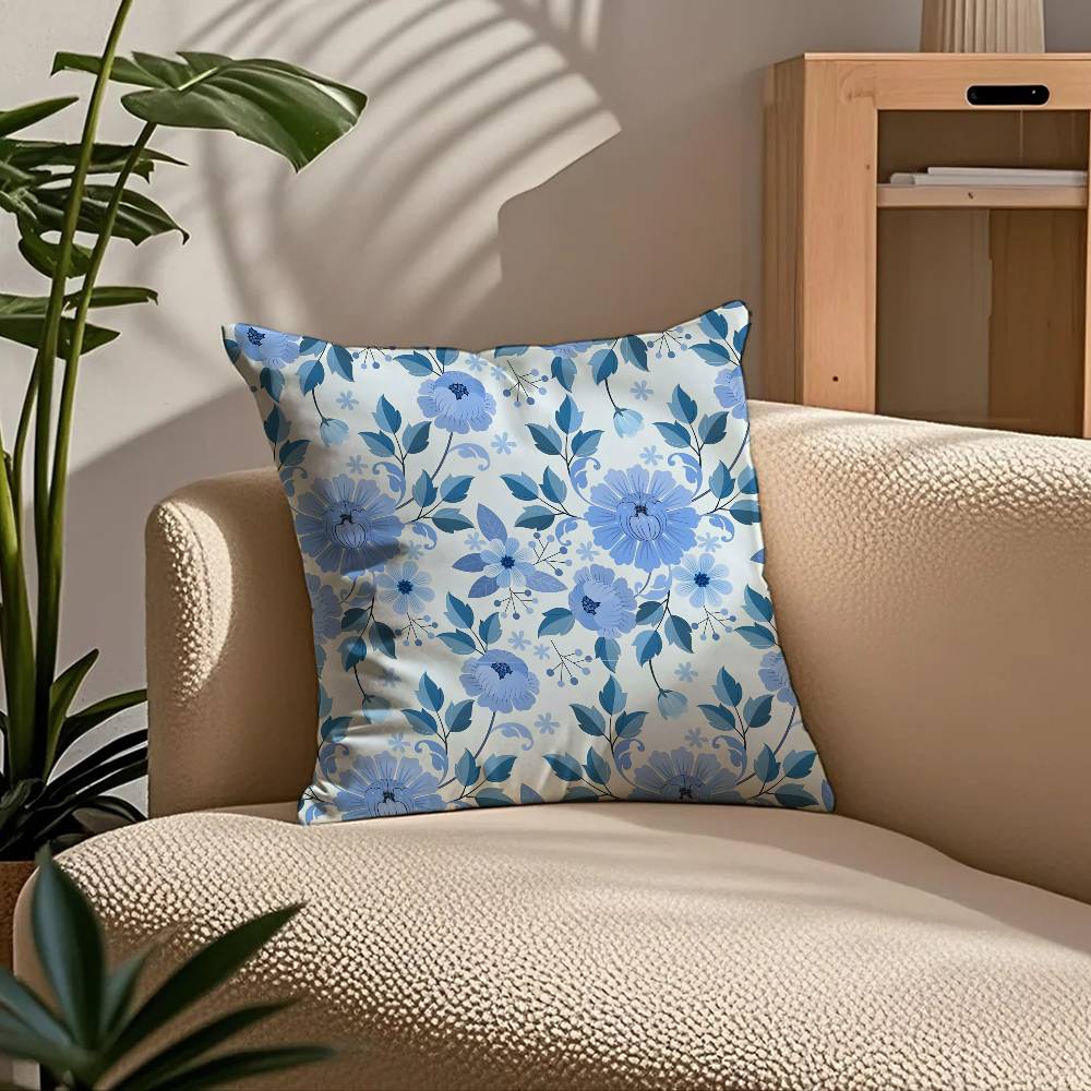 E-Elegant Blue Floral Anime Pillow Case Comfort Sofa Bed Silky Elegant Invisible Zipper Custom Decorative Cushion Cover