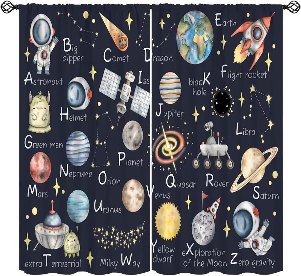 Funny Education Alphabet Abc Curtains,Cartoon Kids Learning Letters Watercolor Decor Rod Pocket Window Treatments For Boy Baby