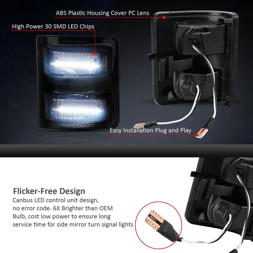 D-Lumina LED Side Mirror Marker Lights Smoked Lens White for 2008-2016 Fo-rd F250 F350 F450 F550 Super Duty Signal Mirror Lights, White Turn Signal