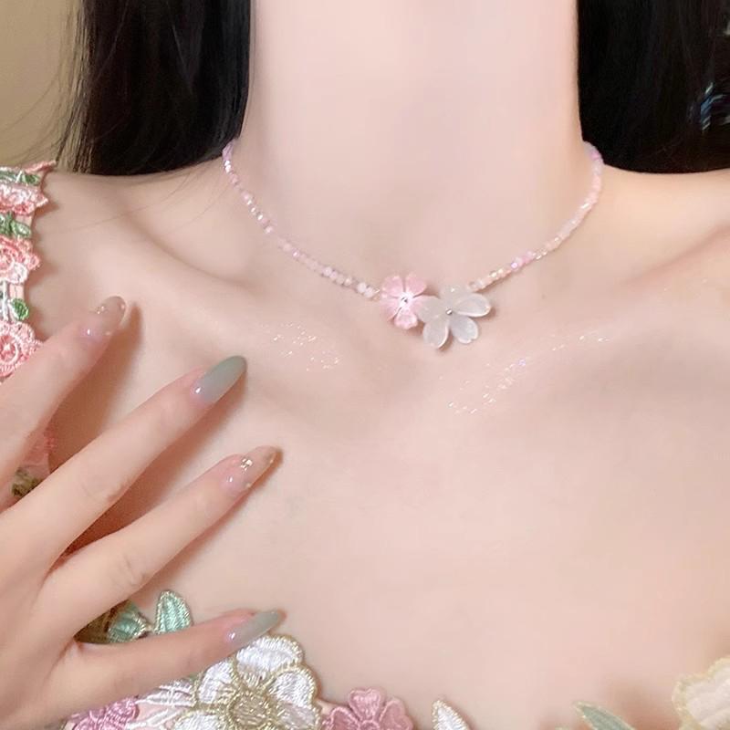 Purple Flower Crystal Bead Necklace Colorful Mixed Glass Beads Gentle Exquisite High-End Sweet Necklace Women's Jewelry Gifts