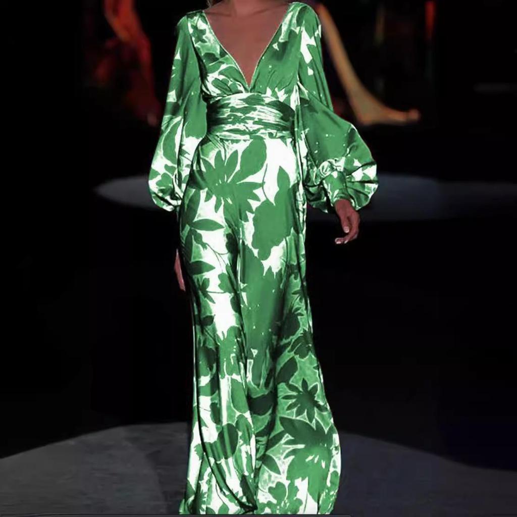 2025 European & American V-Neck Floral Print Dress - Spring/Summer Fashion, Loose Fit, Long Skirt