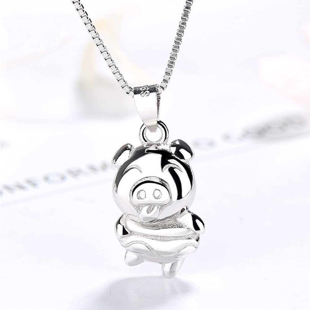 Rockyu Brand Pig Necklace Pendant Men's Necklace Sterling Silver 925 Pure Silver Necklace Cute Stylish Unisex Party Birthday Fashion Accessory