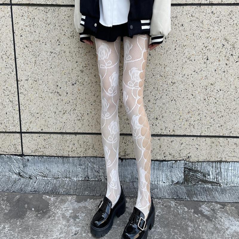 Sexy Hottie Hollowed Out Fishing Net Socks Side Rose Black Jumpsuit Socks Personalized Rose Black Stockings Fashion Pantyhose