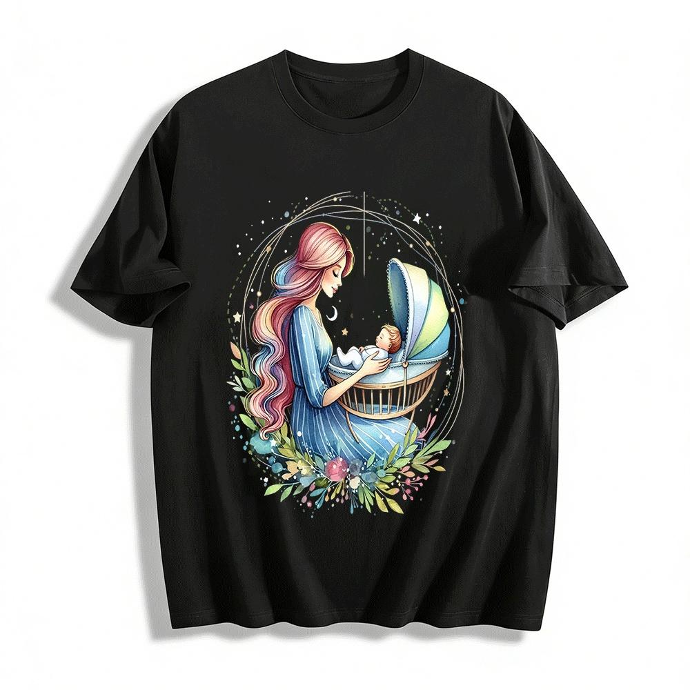 Gentle Mother And Baby Cradle Print Parent-child Top Pure cotton T-shirt XXS