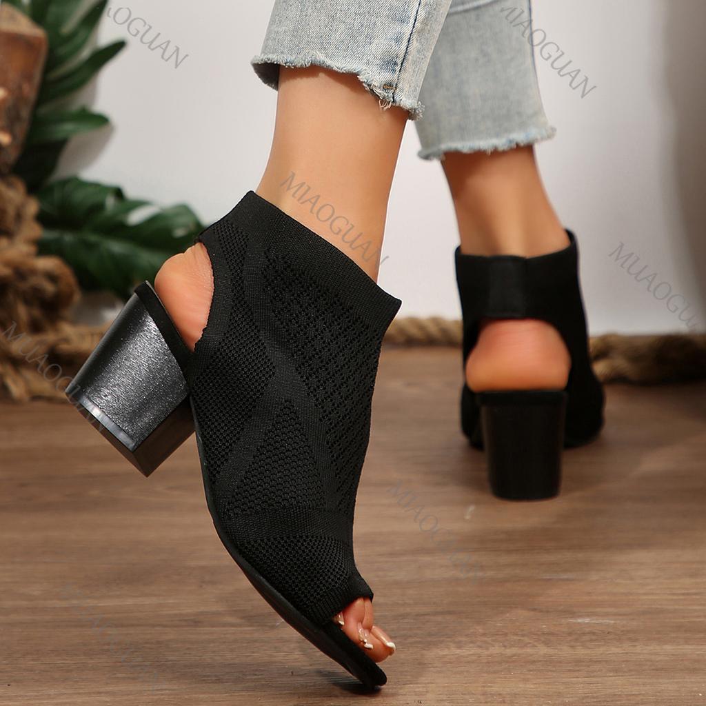 Fashion New High-heeled Sandals Summer Shoes for Women Black Mesh Breathable Peep Toe Casual Gladiator Slip on Women's Heels Sandales