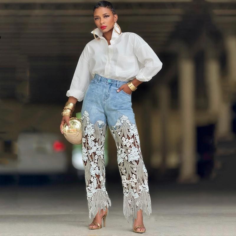 Мереживна вставка великий розмір Вінтажний квітковий висока талія повсякденний вільний довгий Жіночі весна літо осінь джинси денім широкі штани