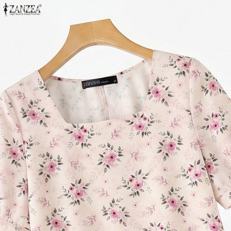 ZANZEA Women Elegant Floral Print Casual Square Collar Summer Short Sleeve Dress
