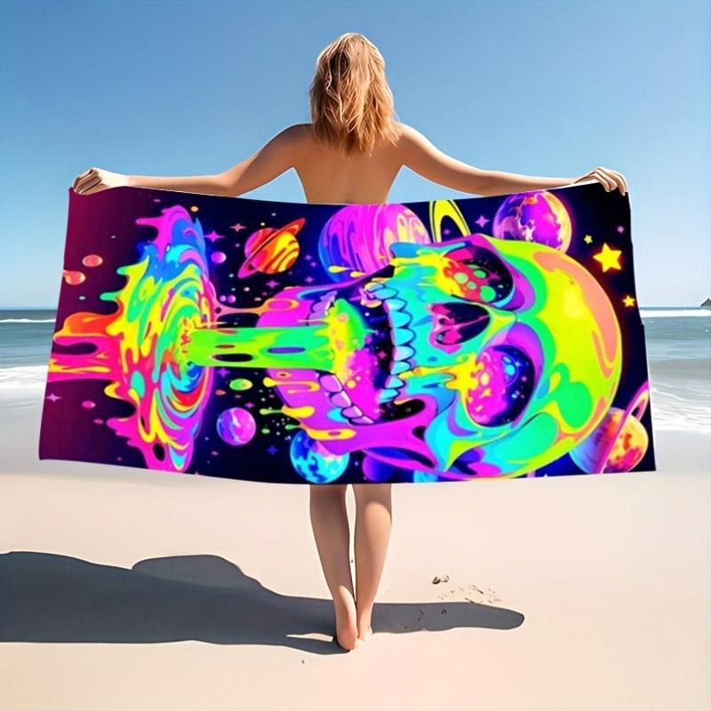 

Colorful Skull & Planet Beach Towel Patterned Sunscreen And Windproof Suitable For Swimming Pool Camping Travel Blanket W30*H60(CM)