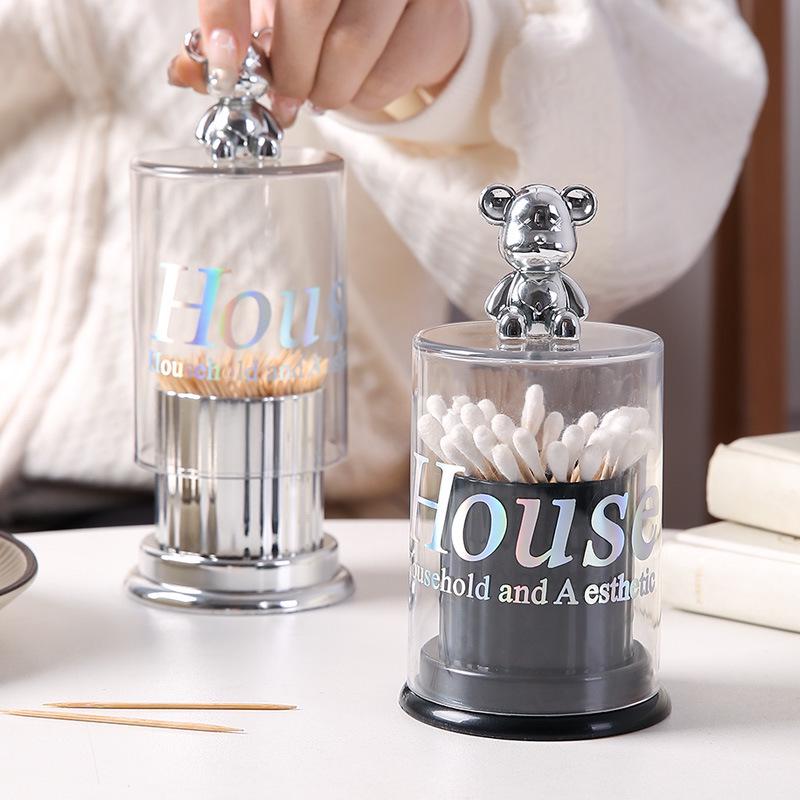 Cute Little Bear Toothpick & Storage Box for Cotton Swabs, Dental Floss - Creative Light Luxury Decor