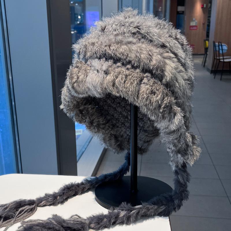 Rabbit fur knitted plush hat women's autumn and winter big head circumference showing face small wool ear protection hat cold protection plush hat