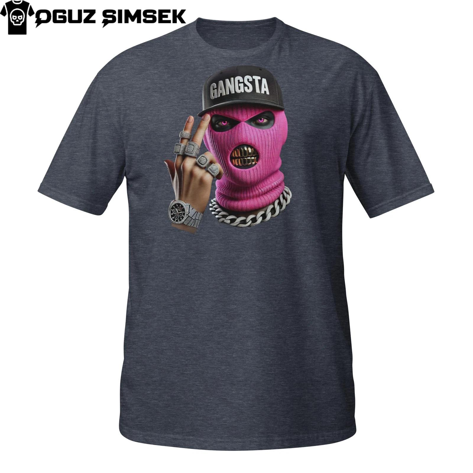 Gangsta T-Shirt Mens Womens Tees Top – Hip Hop Character in Pink Ski Mask with Bling M