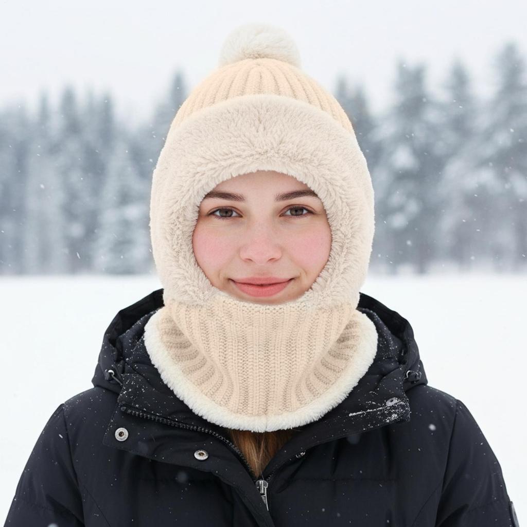 Knit Beanie Windproof Beanie With Neck Gaiter Fleece Lining Cute Hats For Women With Ear Flaps For Cold Weather Autumn Hiking