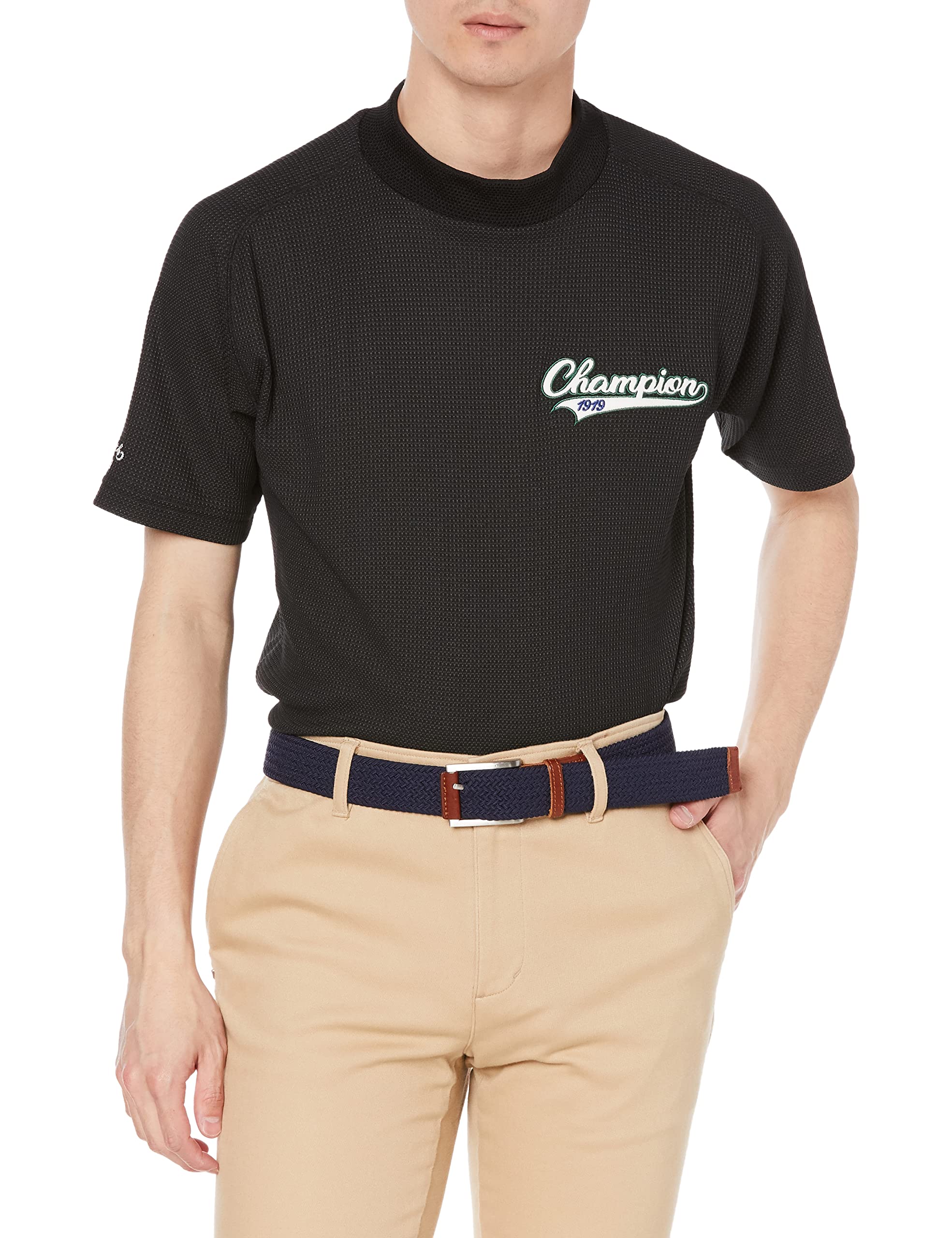 

Short Quick UV Heat Script Mock Neck Golf M [Champion] Sweatshirt, Sleeve, Drying, Protection, Shielding, Logo, Shirt, Men s C3-XG308, Black, чорний