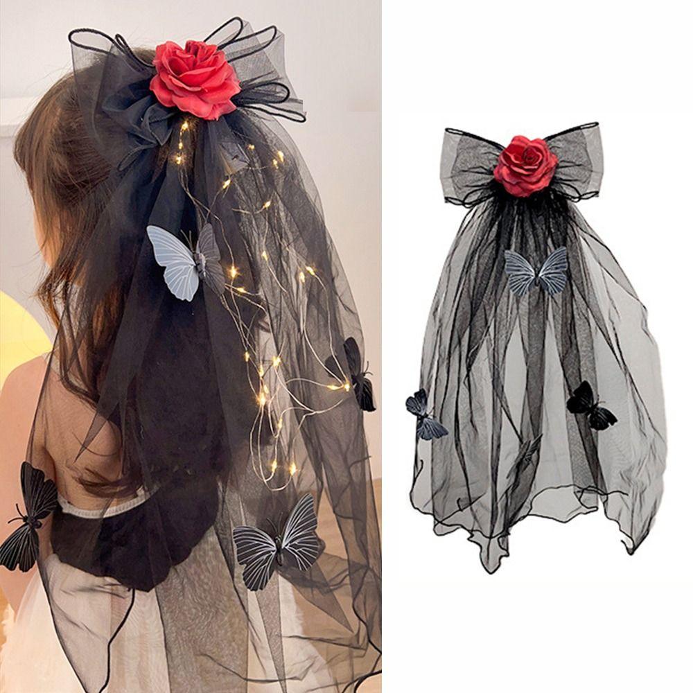 Gothic Style Luminous Head Crown Lace Veil Rose Hair Hoop Halloween Veil Headband  Holiday Decor