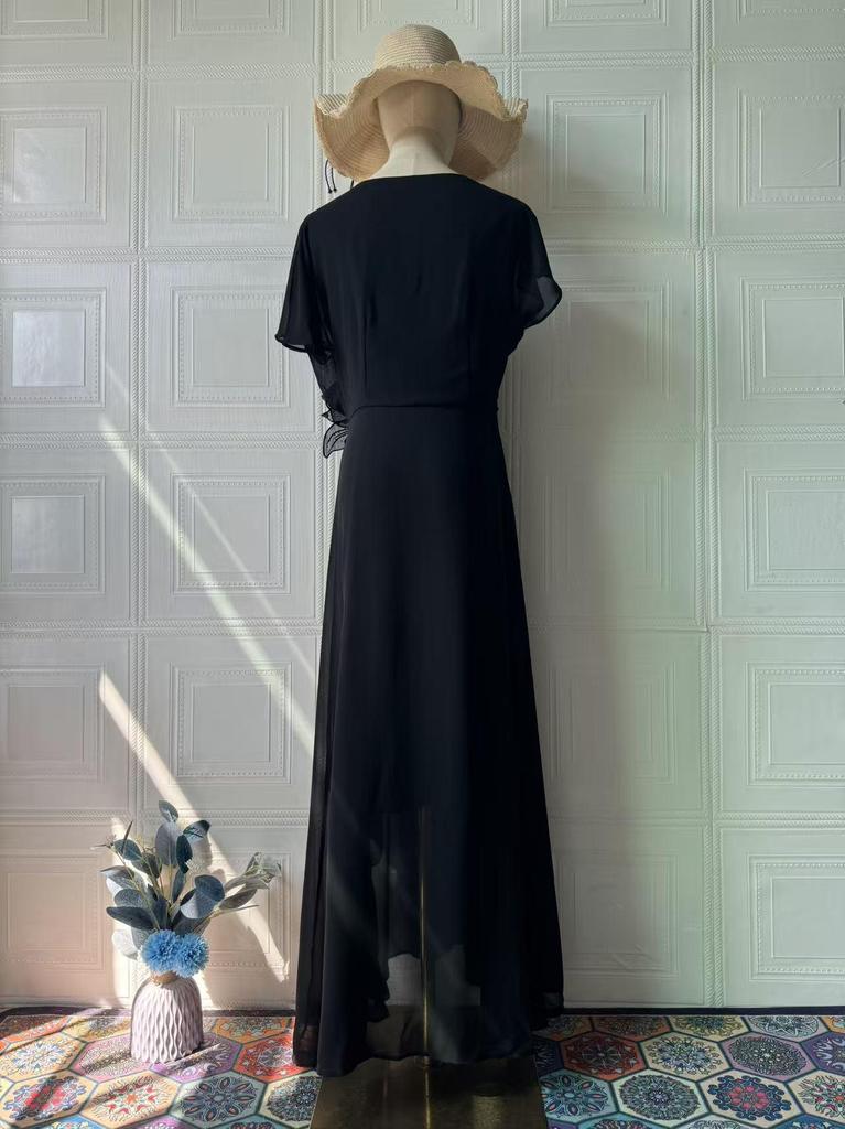 European & American 2025 Spring Elegant Luxurious Short Sleeve Waist-cinching Long Dress