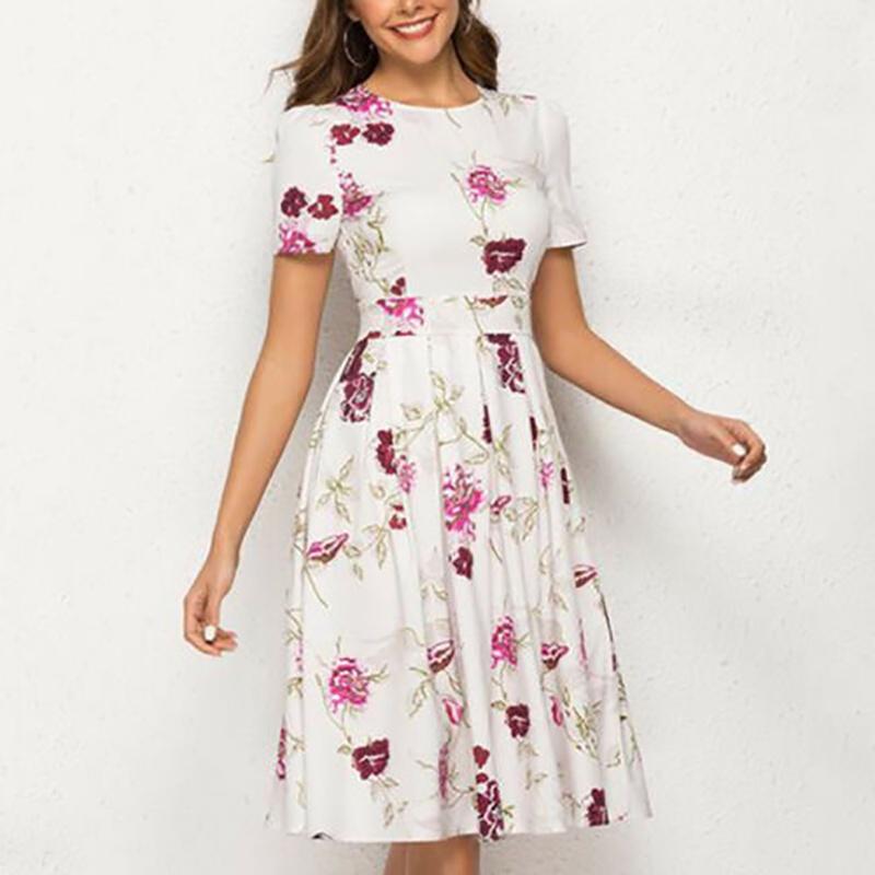 Summer Women Vintage A-line Dress Tunic With Long And Short Sleeve Floral Print