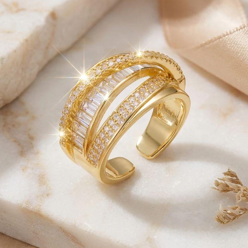 Classic Gold Color Wide Opening Ring for Women Luxury Bright Zirconia Adjustable Finger Ring Engagement Wedding Jewelry Gift