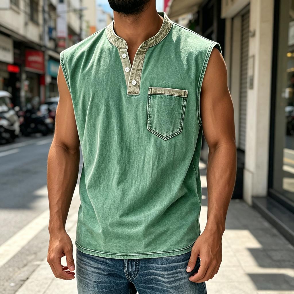 Men Sleeveless Casual Vest Three Button Henley Neck Pocket Front Cotton Linen Blend Summer Top