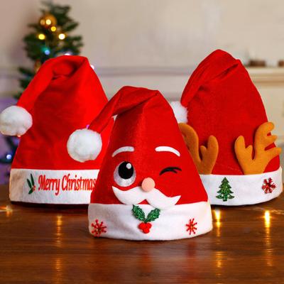 Christmas Hat Children Red Velvet Santa Hat with Cartoon Antler Pattern Decoration Festive Holiday Party Supplies