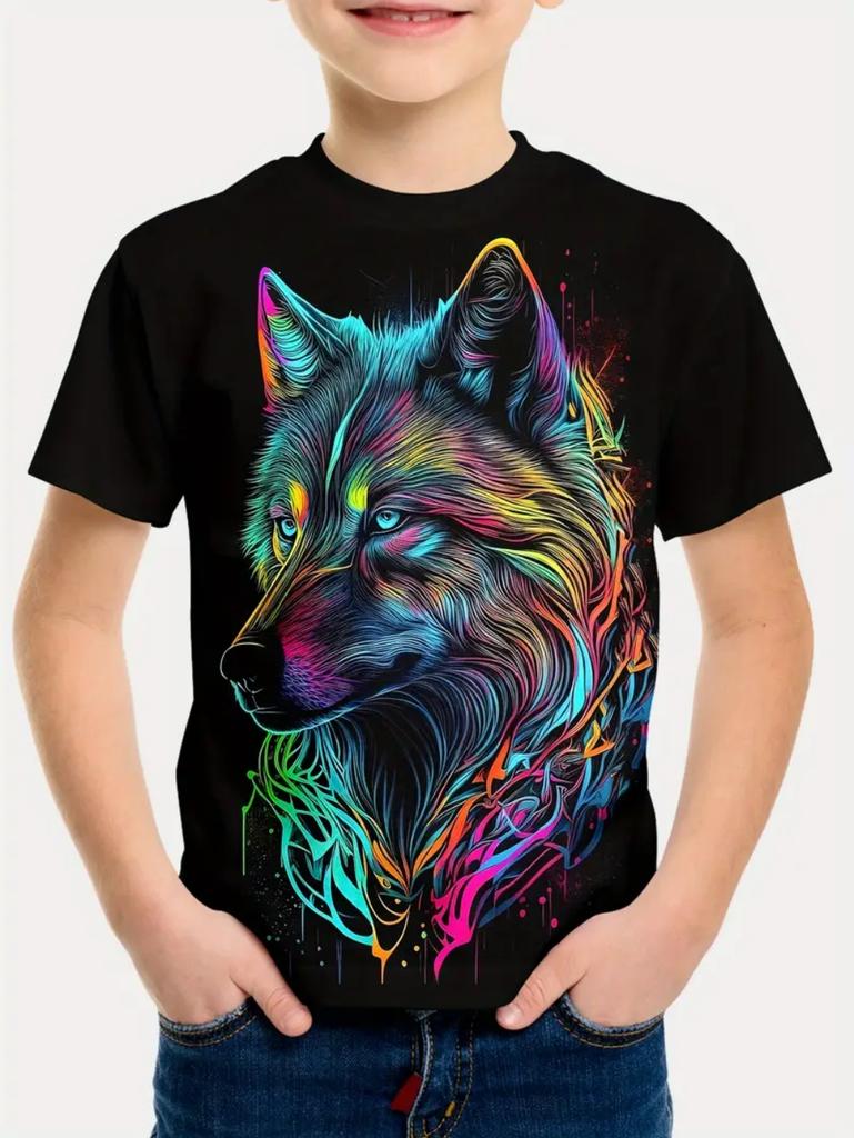 Cool Wolf Boy T-Shirt Tiger 3D Print Kids Short Sleeves Casual Comfortable Boys' Top Tees Outdoor Breathable Lightweight Clothes