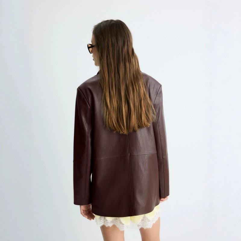 Womens Vintage Brown PU Leather Blazer Coat Loose Fit Notched Lapel Office Chic Single-Breasted Jacket