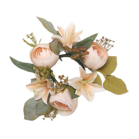 Mini Artificial Wreath Candle Ring Realistic Faux Lily Rose Garland with Plastic Base Candle Wine Decoration Weddings Party Dining Table Centerpiece