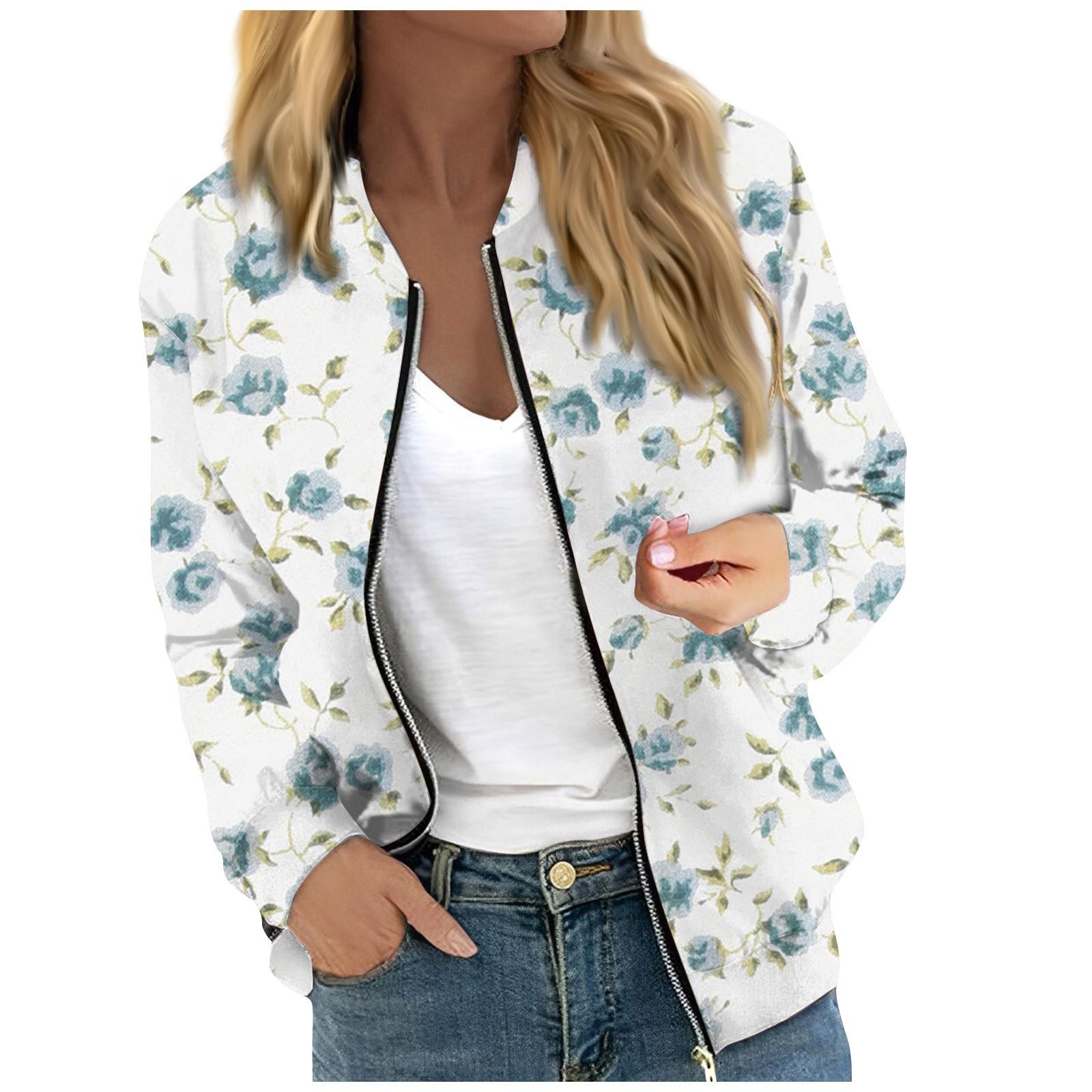 

Женская модная повседневная куртка на молнии с длинным рукавом с цветочным/листовым принтом и круглым вырезом XL
