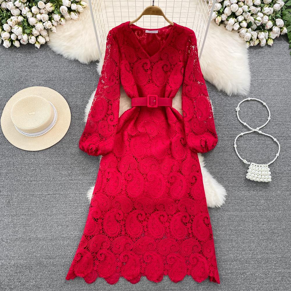 Spring Autumn Red/Yellow/Purple/Blue Hollow Out Embroidered Long Dress Women Vintage Lace Puff Sleeve Party Maxi Vestidos