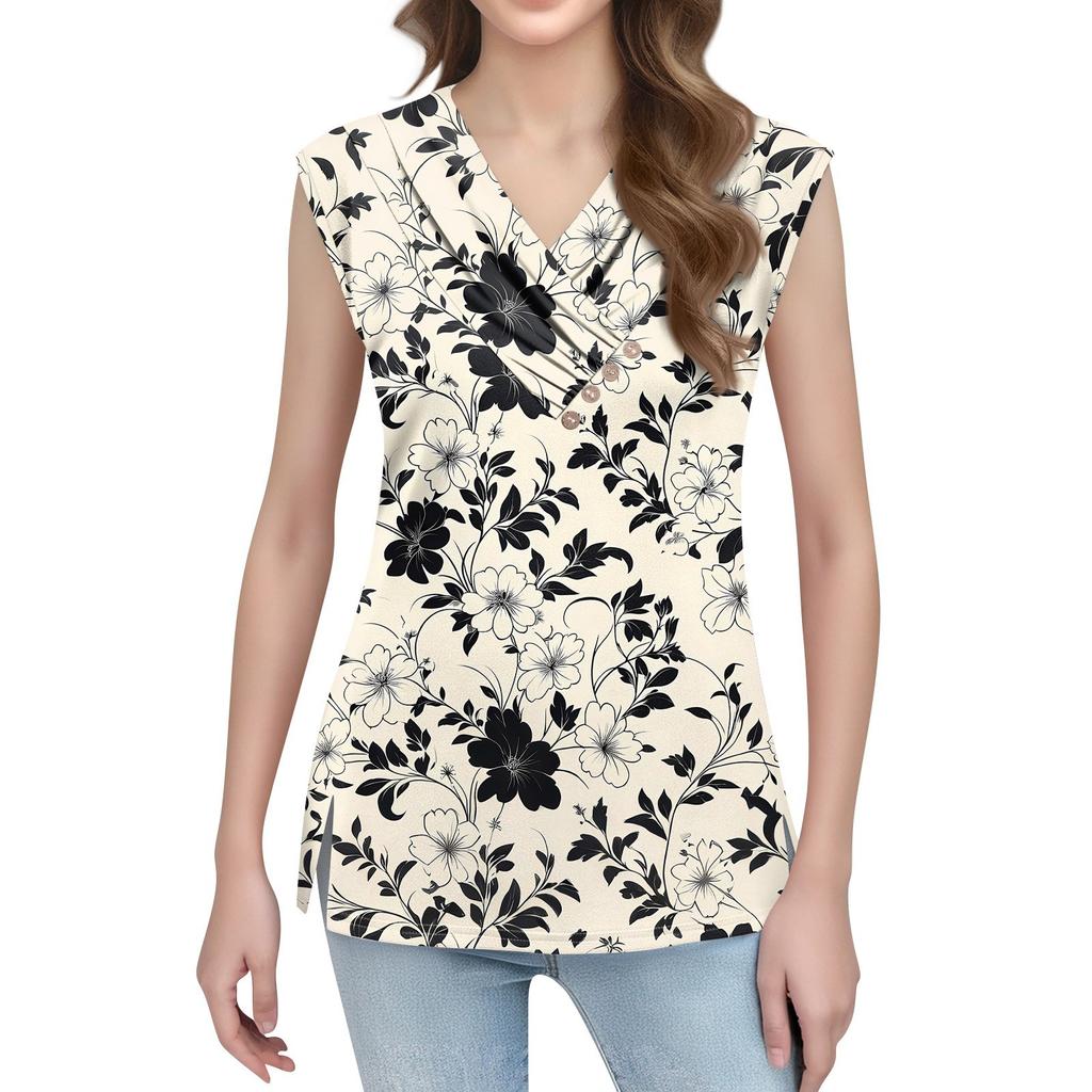 Women's Print Tank Top Button-down V-neck T-shirt Sleeveless Loose Fashion Top