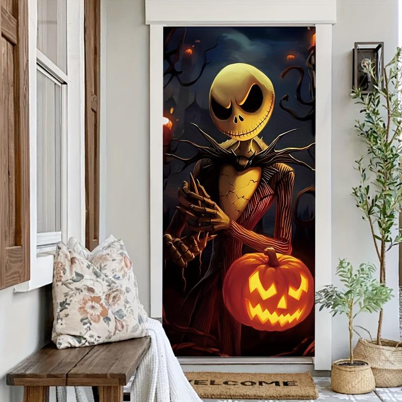 Halloween Jack Skellington Pumpkin Door Decorations Banner Photography Backdrop Indoor Outdoor Porch Background Party Supplies