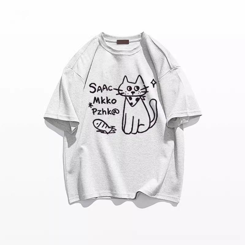 Summer Women Funny Cartoon Print T-Shirt Harajuku Round Neck Loose Casual Y2K Tops Pure Cotton Graphic T Shirts Gray Streetwear