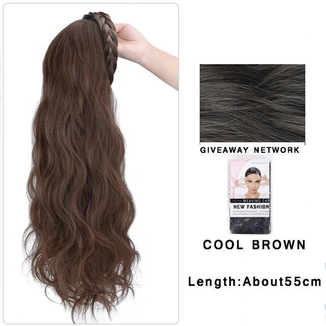 Synthetic Long Wavy Headband Wig Black Brown Women's With Twist Braid Hairband Accessories Natural Half Wig