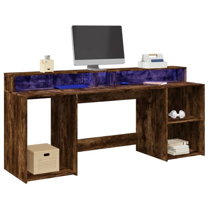 VidaXL Bureau et lumières LED chêne fumé 200x55x91cm bois d'ingénierie, bureau d'écriture, bureau d'ordinateur, bureau à 3309442