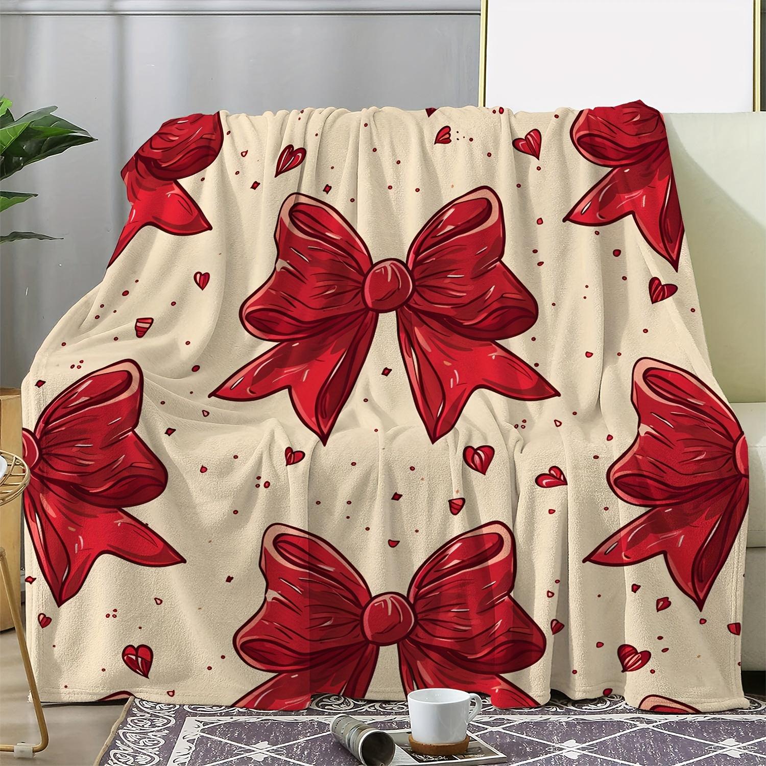 

Vintage Red Bowknot and Heart Print Flannel Throw Blanket - Cozy Soft Warm Multipurpose Knitted Throw for Couch, Sofa, Office, 75x90cm