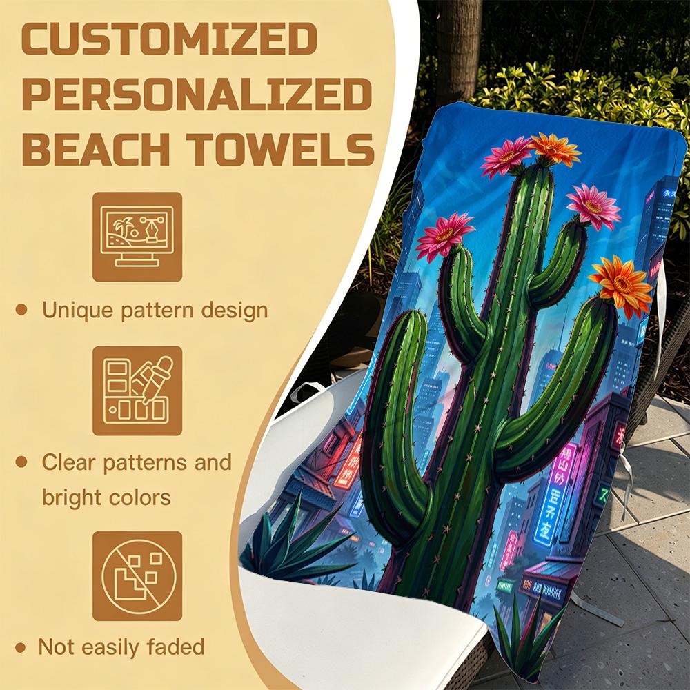 1pc Microfiber Beach Towel Cactus Flowers Neon City Beach Seaside Pool Equipment Suitable for Vacation Travel Pool Bath Swimming