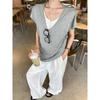 Spring Summer Women Fake Two Piece T Shirt Deep V Neck Contrast Color Snowflake Cotton Casual Slim Fit Short Sleeve Tee Tops