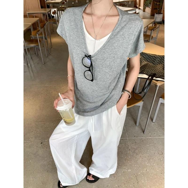 Spring Summer Women Fake Two Piece T Shirt Deep V Neck Contrast Color Snowflake Cotton Casual Slim Fit Short Sleeve Tee Tops