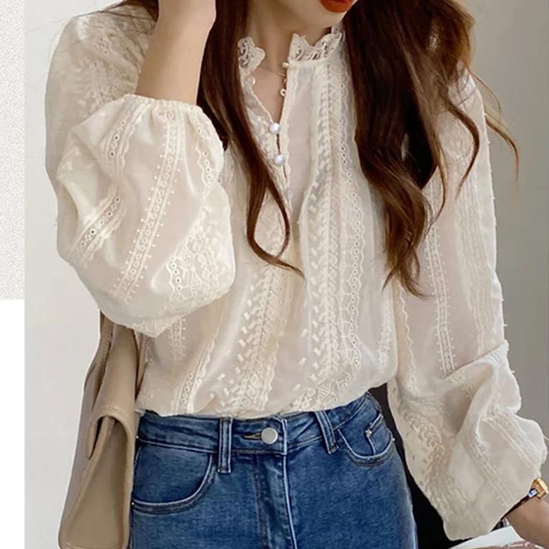 Fashion Korean Style Fashionable Long Sleeved Blouse with Embroidery Elegant Apricot Blouses Sweet Lace Shirt Casual Simple Puff Sleeve Womens Tops