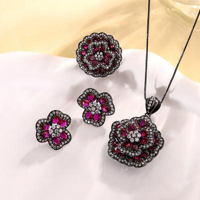 Schmuck Kupferboden Vergoldet Simulation Roter Korund Rose Temperament Leichter Luxus Schwarzgold Anzug Frauen